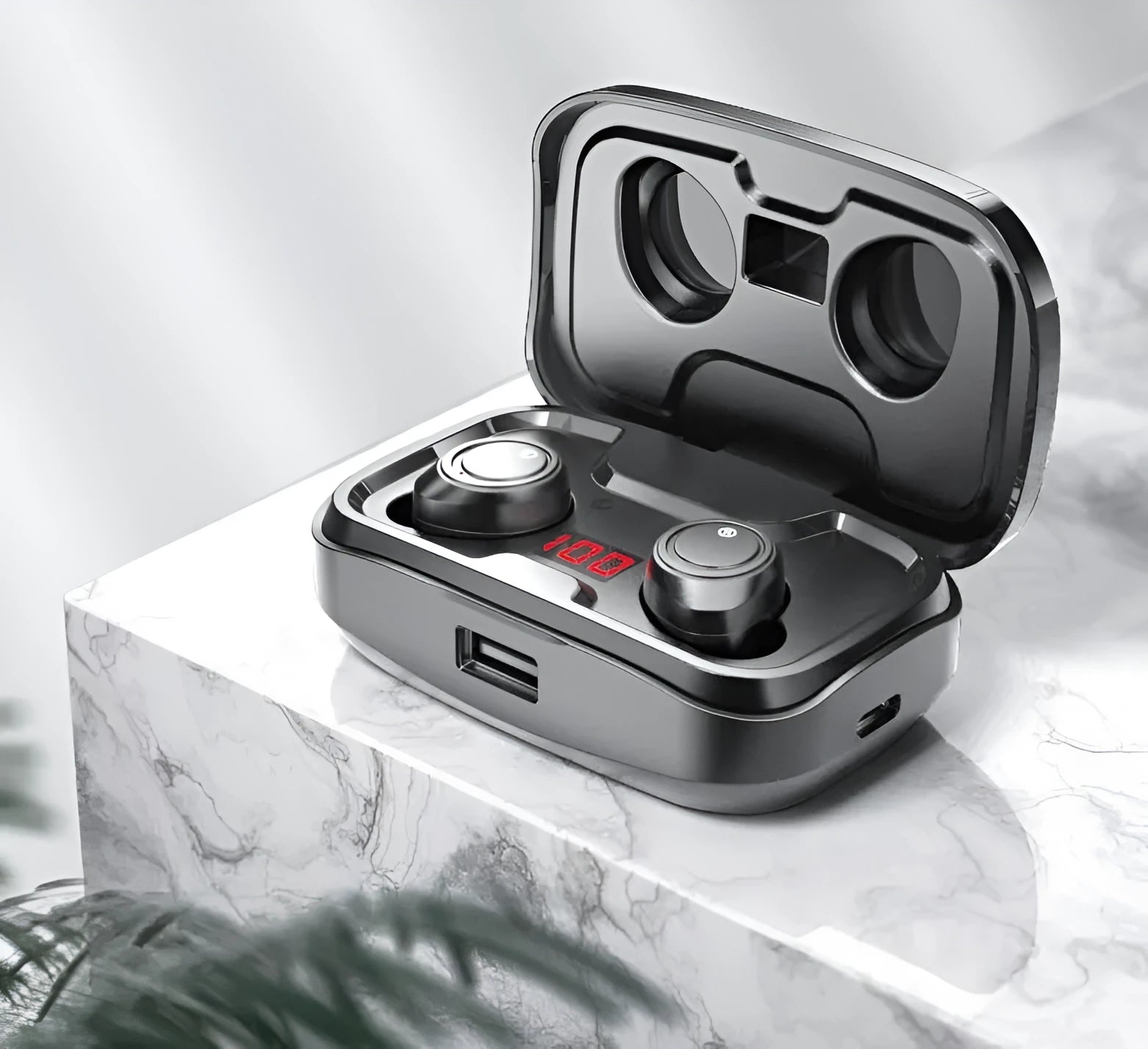 Black Bluetooth gaming headset with charging case that functions as mobile phone power bank
