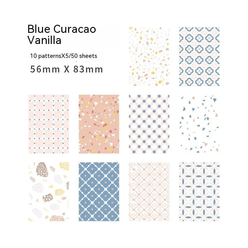 Pack of 50 retro sweet dessert themed note papers in ten pastel colours, each 56mm by 83mm.