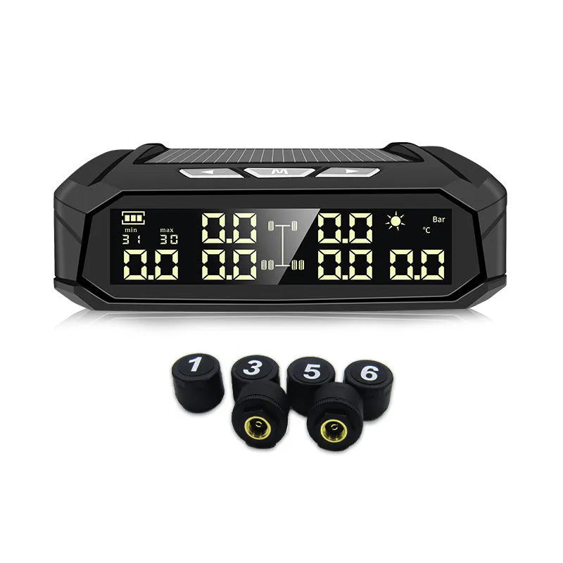 Solar tire pressure monitor system for 6 tires with colour display and external sensors