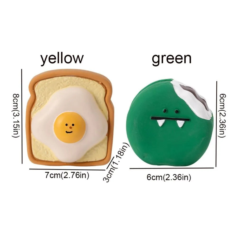 Cartoon pattern latex dog chew toy shaped like bread with egg in yellow and green colours
