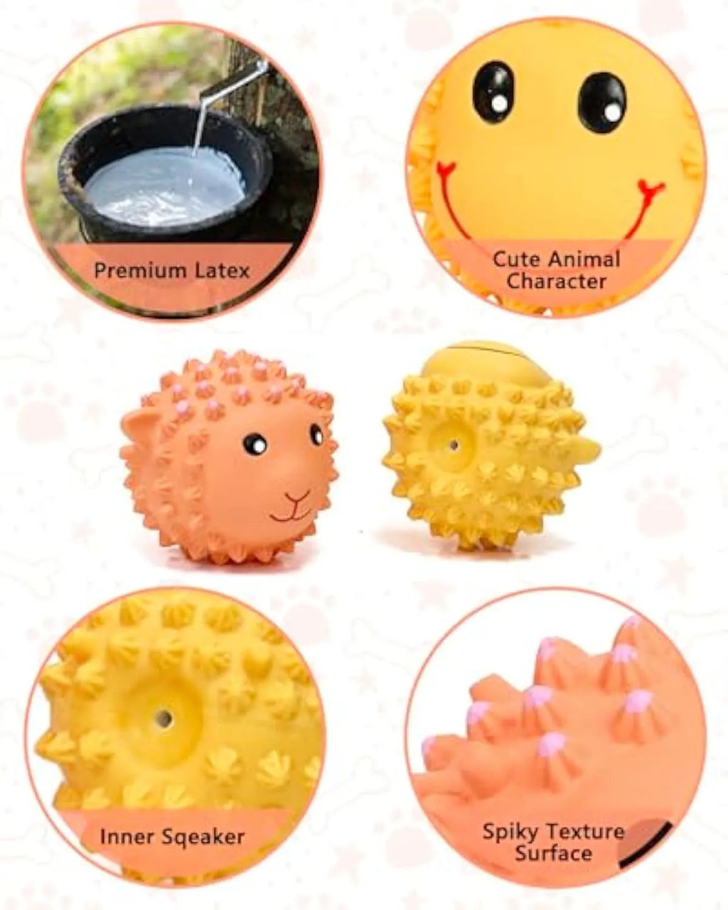 Orange and yellow spiky latex squeaky dog toy for small to medium breeds.