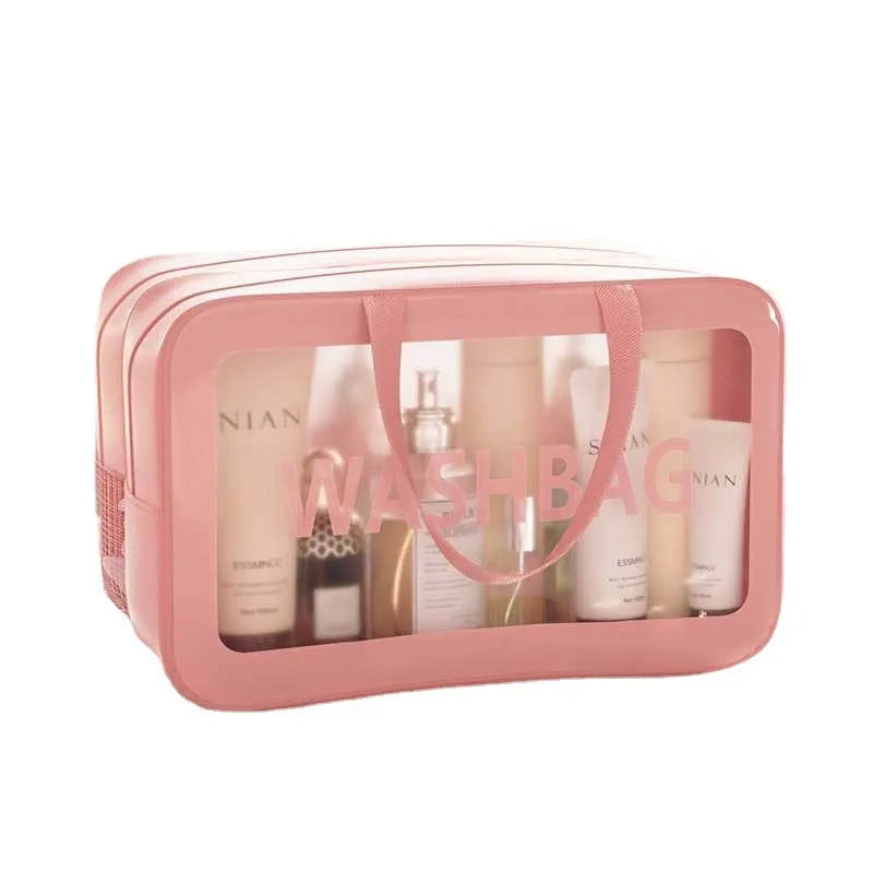 Portable dry wet separation washing and makeup bag in PU PVC with large capacity, available in black medium size.