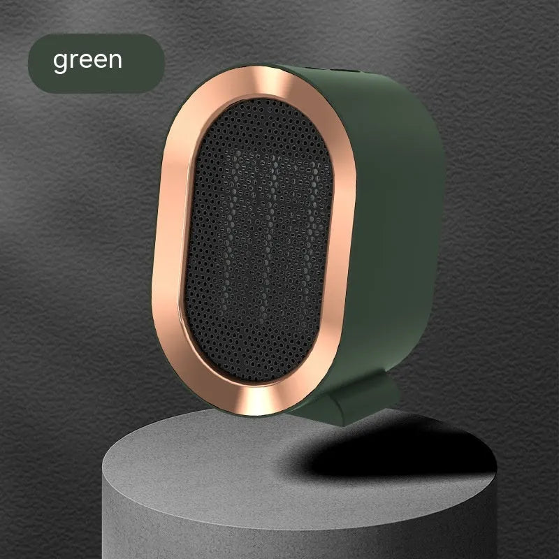 Desktop electric heater with cast metal housing and rotating air outlet in various colour options
