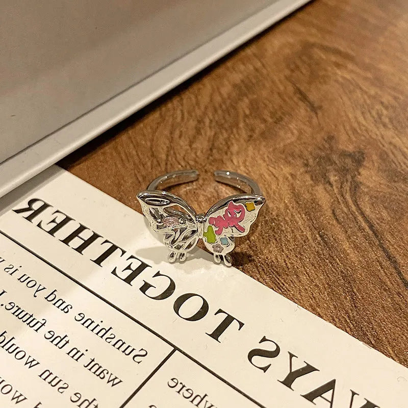 Chinese butterfly design women's ring in polished copper with oil drip texture