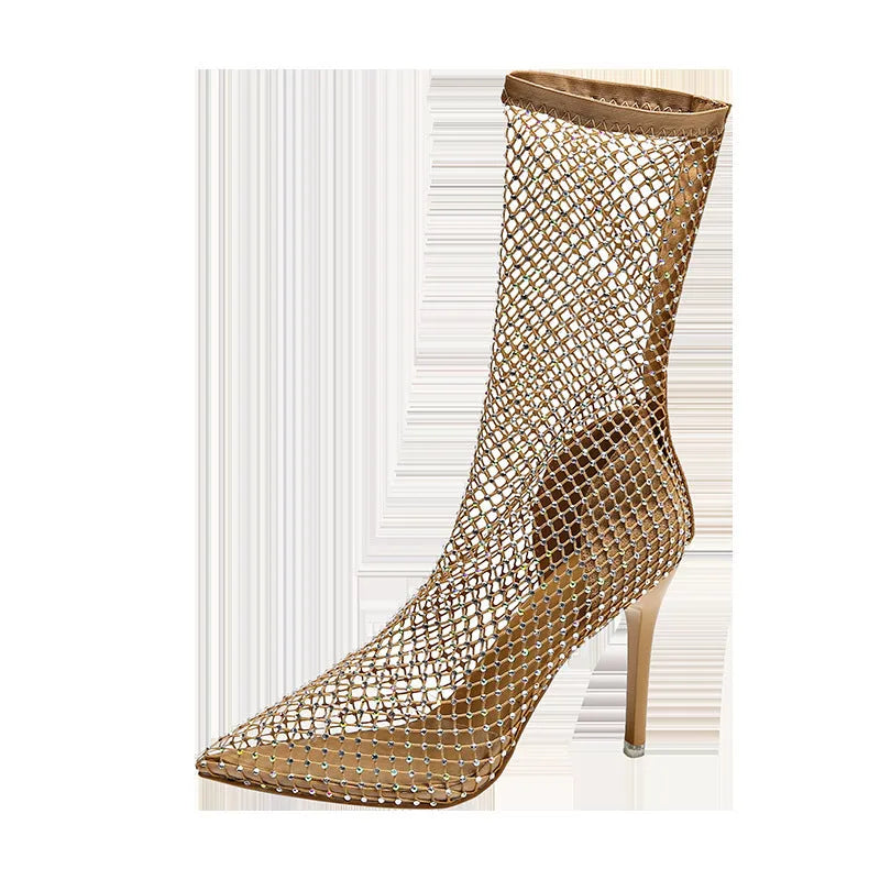 Gold women's high heel sandals with a mesh upper, pointed stiletto toe, and a thin heel.