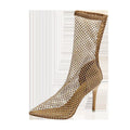 Gold women's high heel sandals with a mesh upper, pointed stiletto toe, and a thin heel.