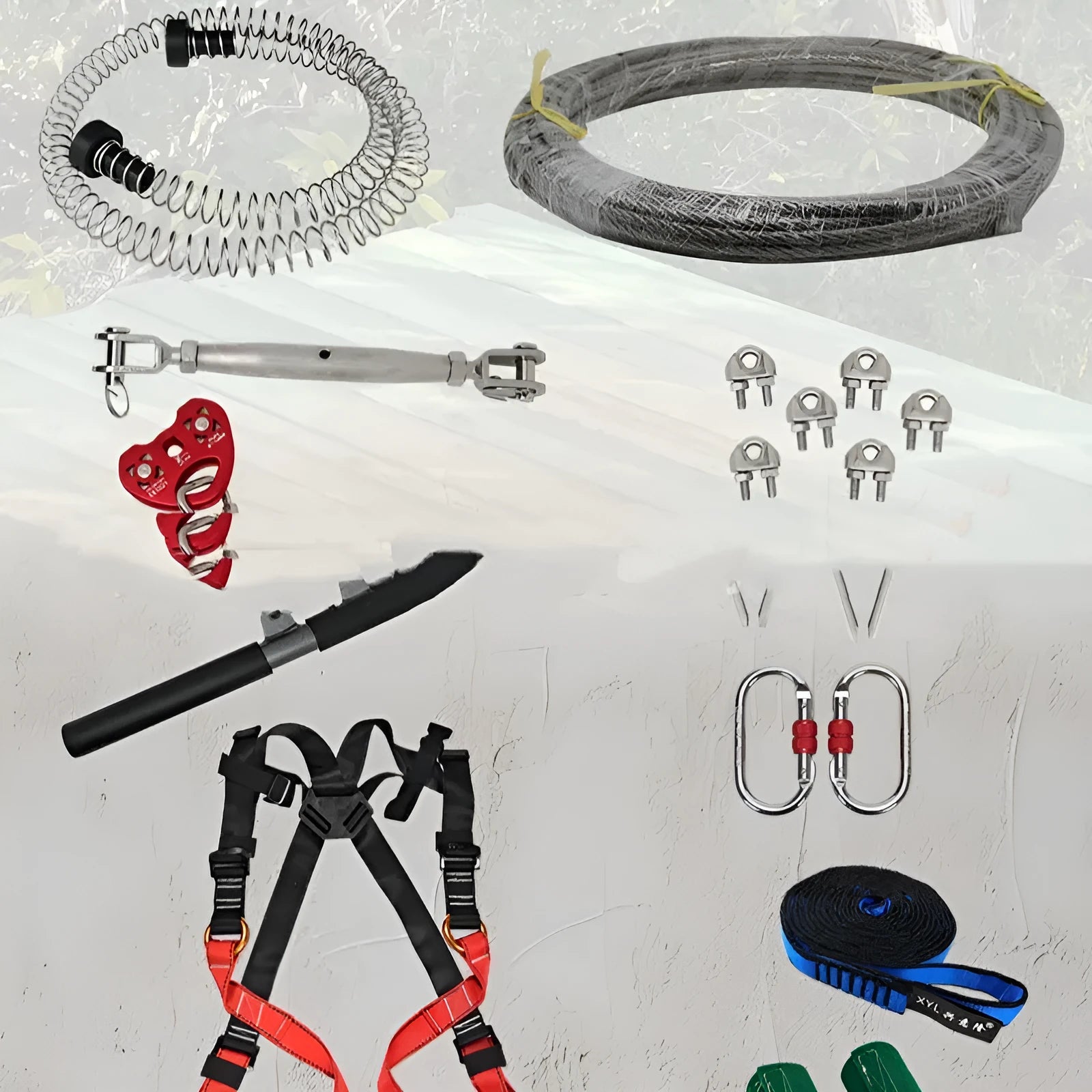 XYL Ziptreck Suit 10 metre zipline pulley system with handle and safety components