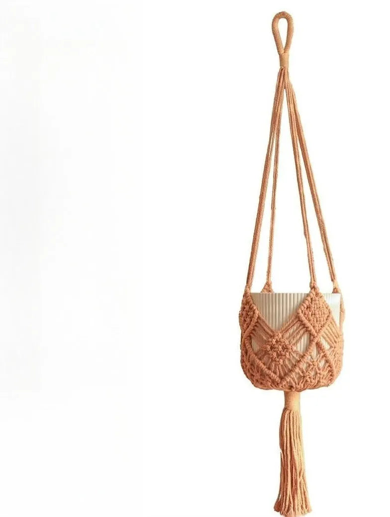 Hand-woven brown polyester cotton flower pot with net pocket extension cord for indoor plants