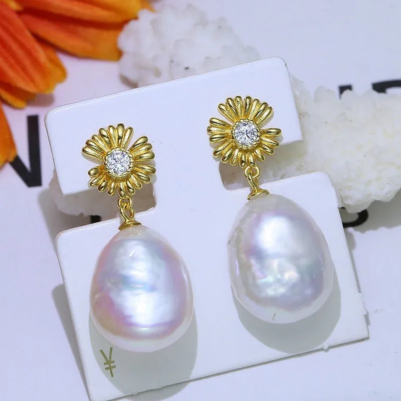 Baroque sterling silver flower earrings with ring holder in silver or gold finish.