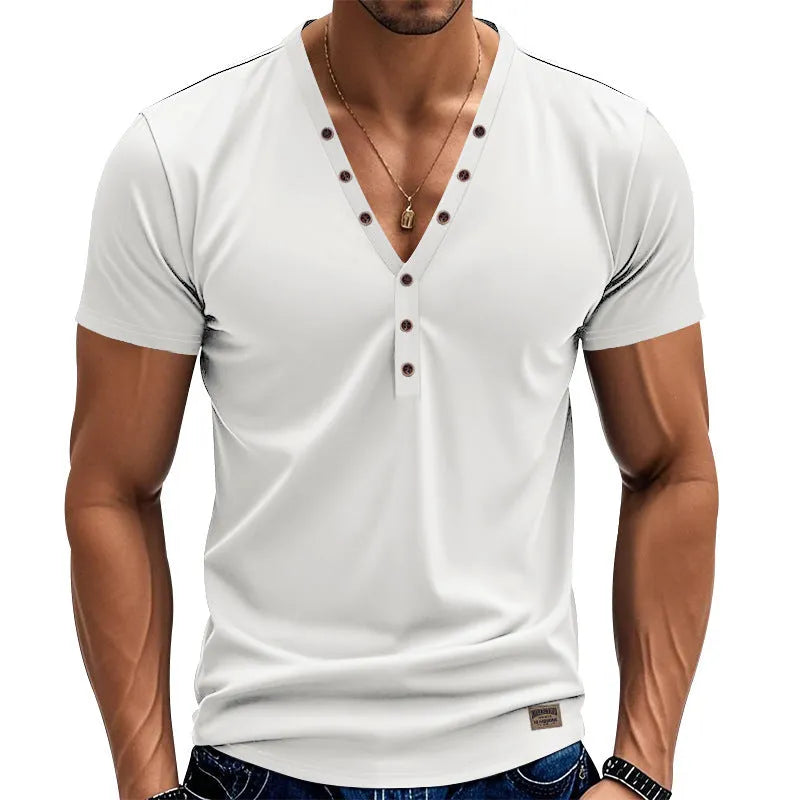 Men's loose fit V-neck sports top with button detailing in chemical fibre blend fabric