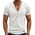 Men's loose fit V-neck sports top with button detailing in chemical fibre blend fabric