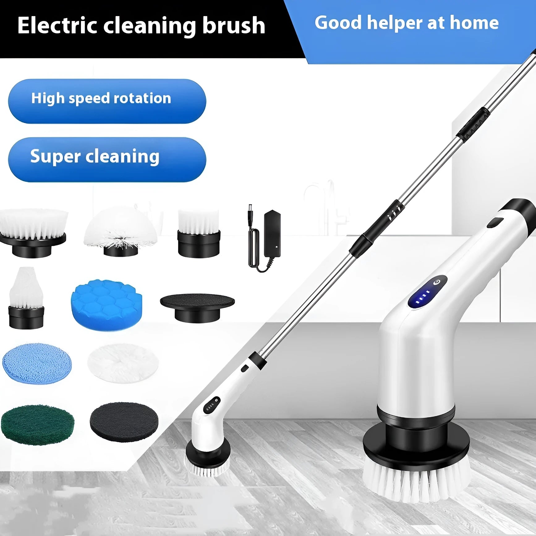 White handheld electric cleaning ball with a brush attachment on a household surface.