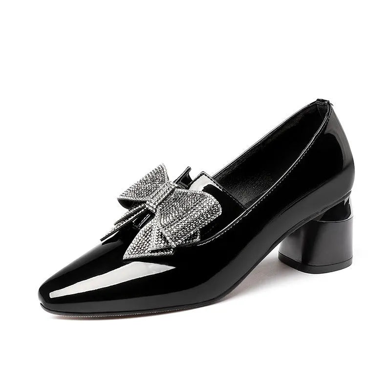 Rhinestone bow high heel women's shoes in black with pointed toe and microfiber upper