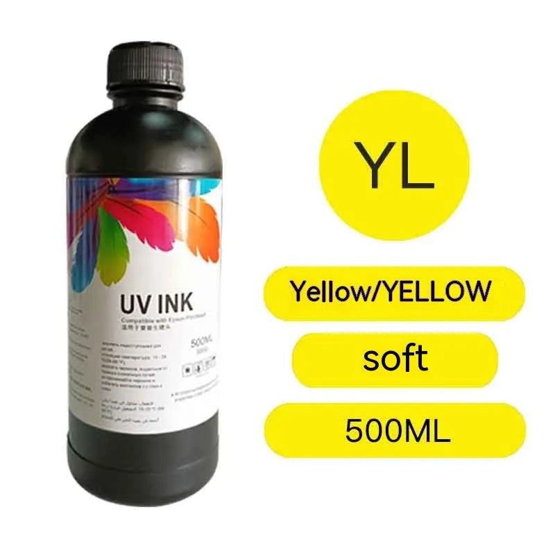 500ml bottle of Epson UV printer ink for XP600 TX800 F186000 F189000 models, showing colour options.