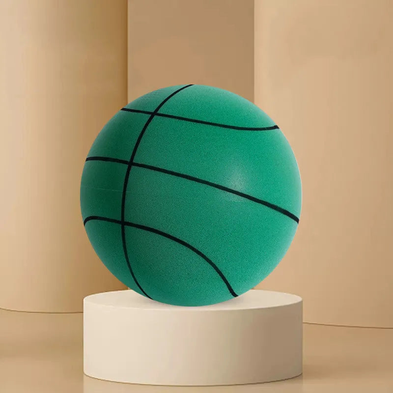 Silent high-density foam basketball in assorted bright colours showing bounce height and size comparison
