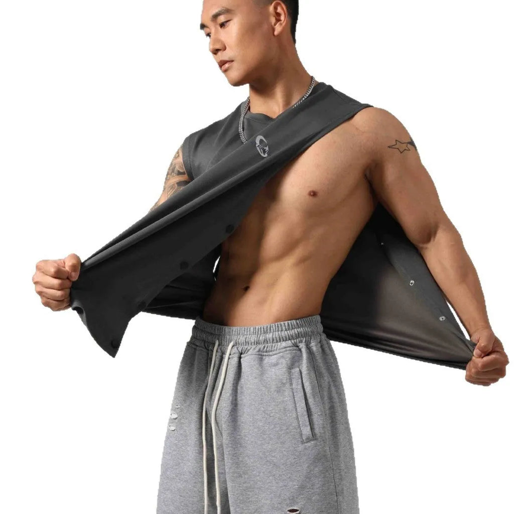 Korean style loose cotton fitness vest with hidden hook side openings in solid colour
