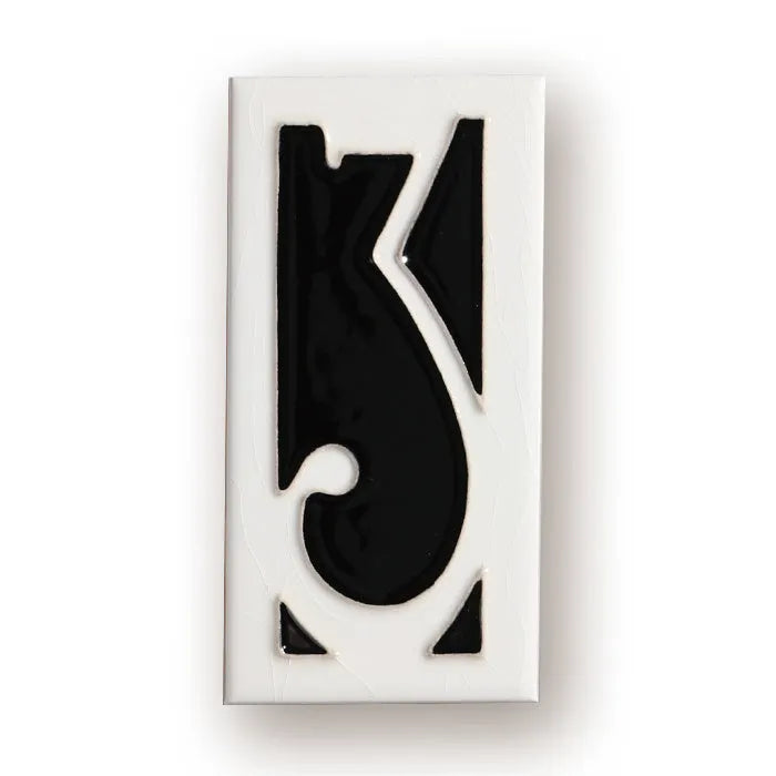 Handmade retro-style ceramic doorplate with a white enamel background and a raised black number 5, shown at 76mm by 152mm.