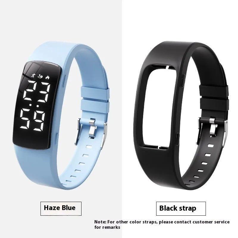 Electronic vibration alarm watch with LED display and silicone strap showing waterproof rating of 50 metres