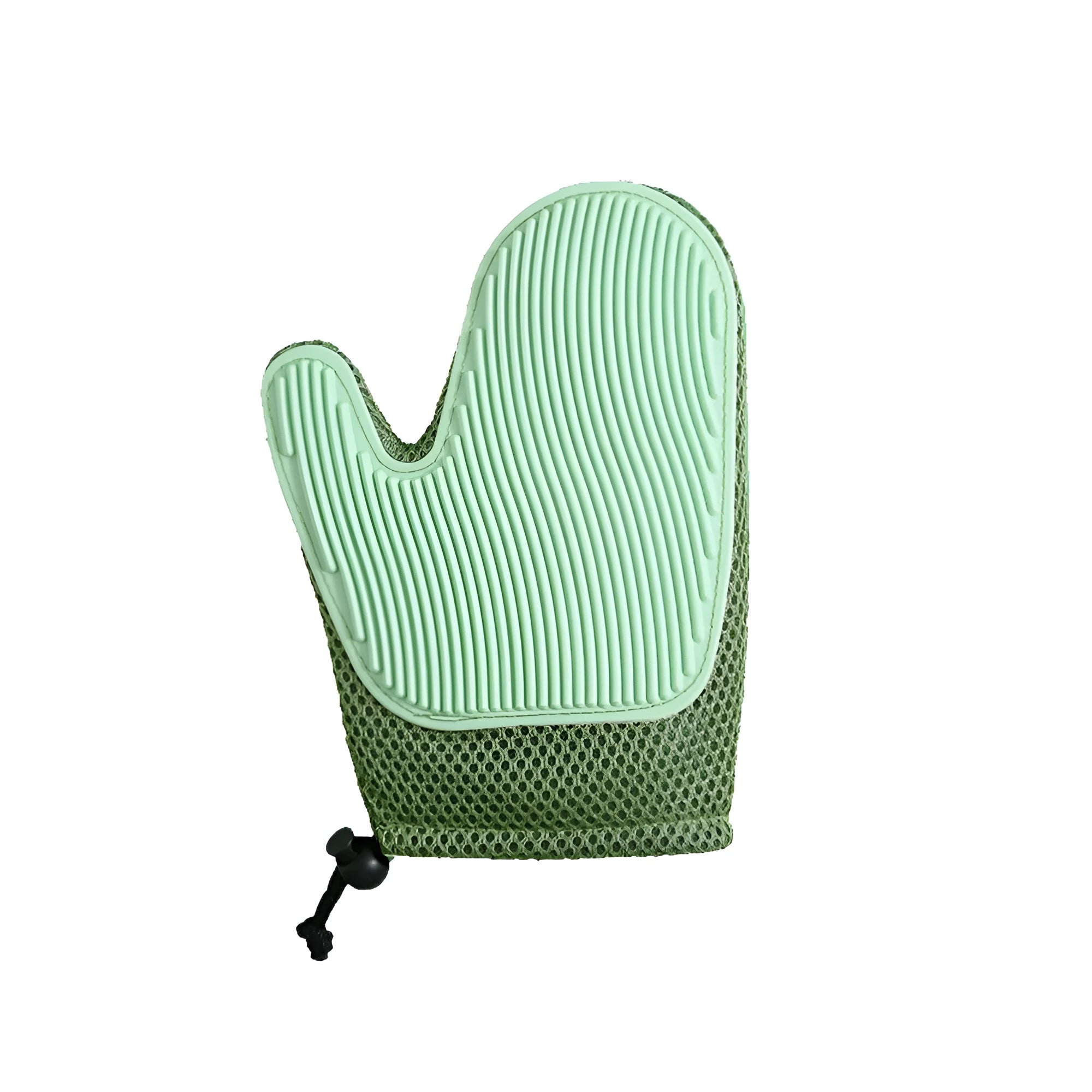 Right hand pet grooming glove in blue on fabric, showing mesh texture for removing cat and dog hair.