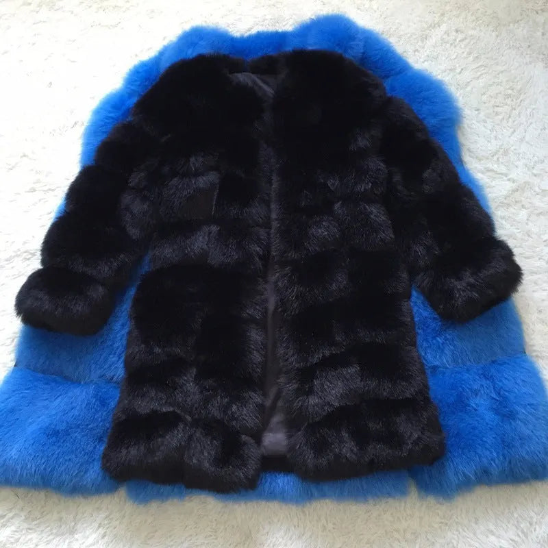 Women's thick black artificial fur coat with regular sleeves and 80cm length