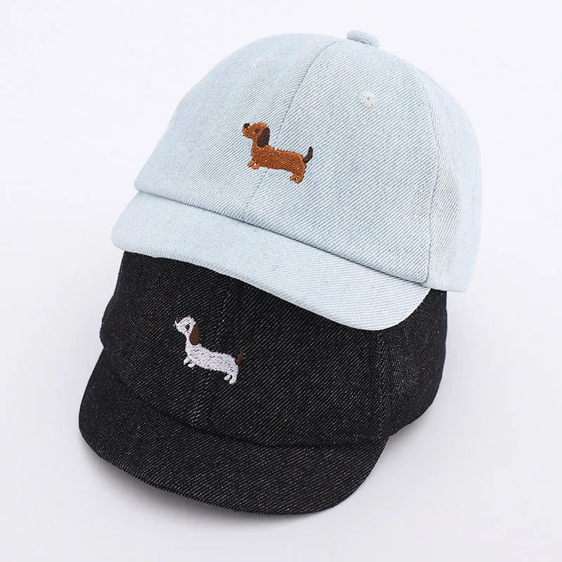 Babies denim baseball cap with puppy print in light blue, dome crown, 48cm size