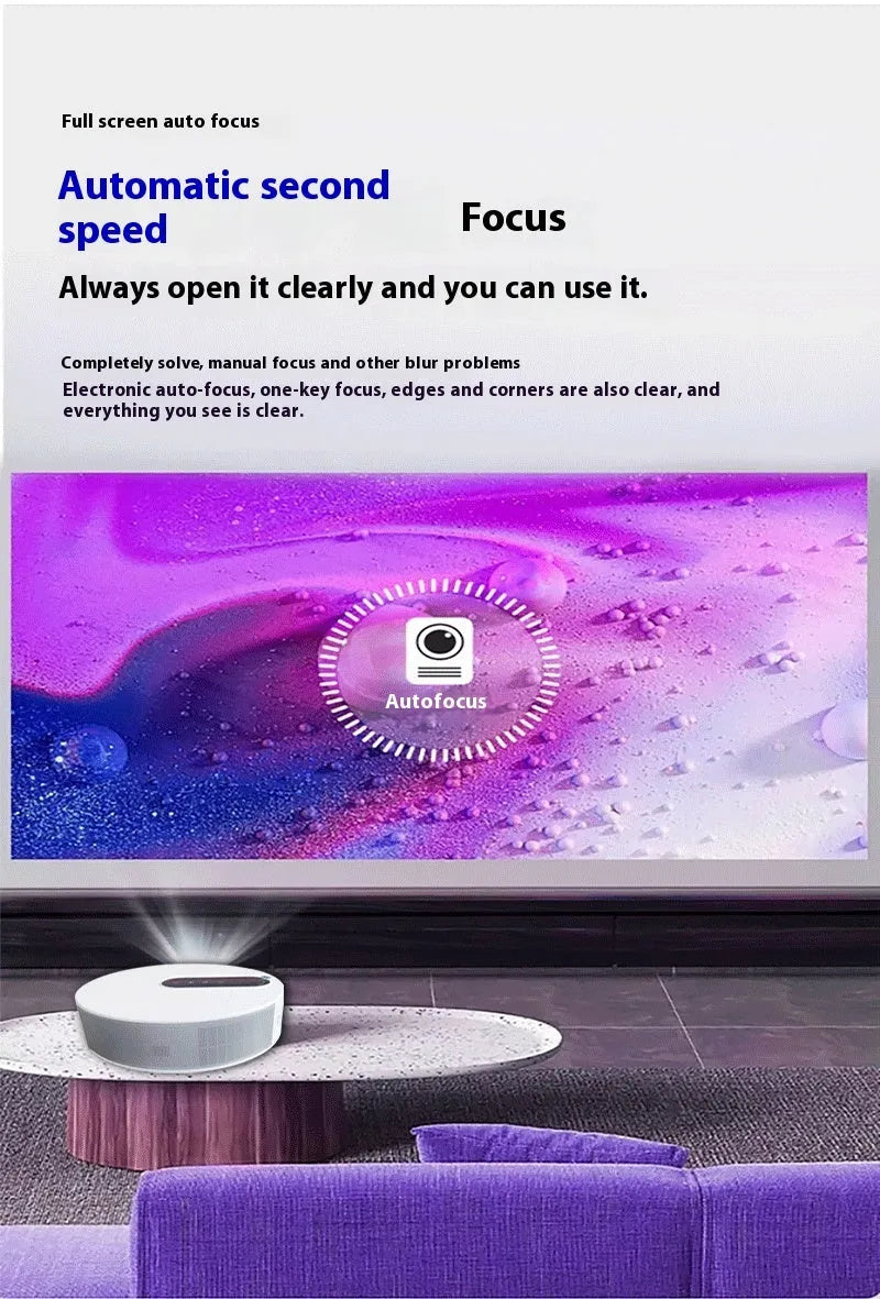 White 720p HD smart home projector with remote control on a wooden surface.