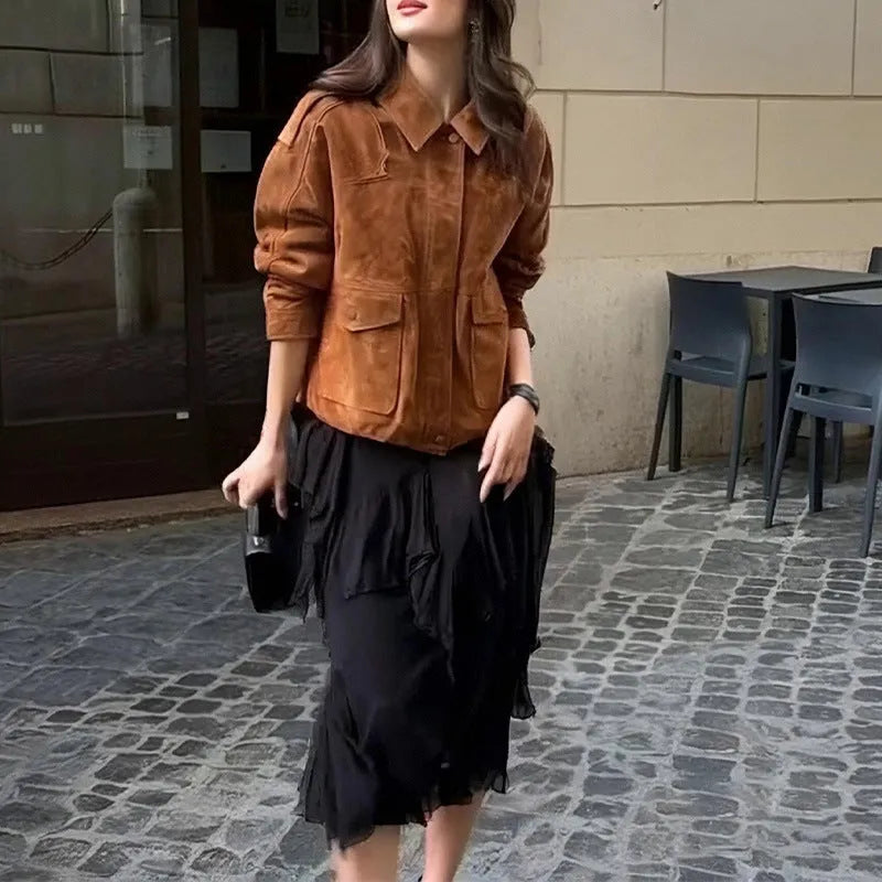 Women's street chic suede coat with regular sleeves in bright brown colour option