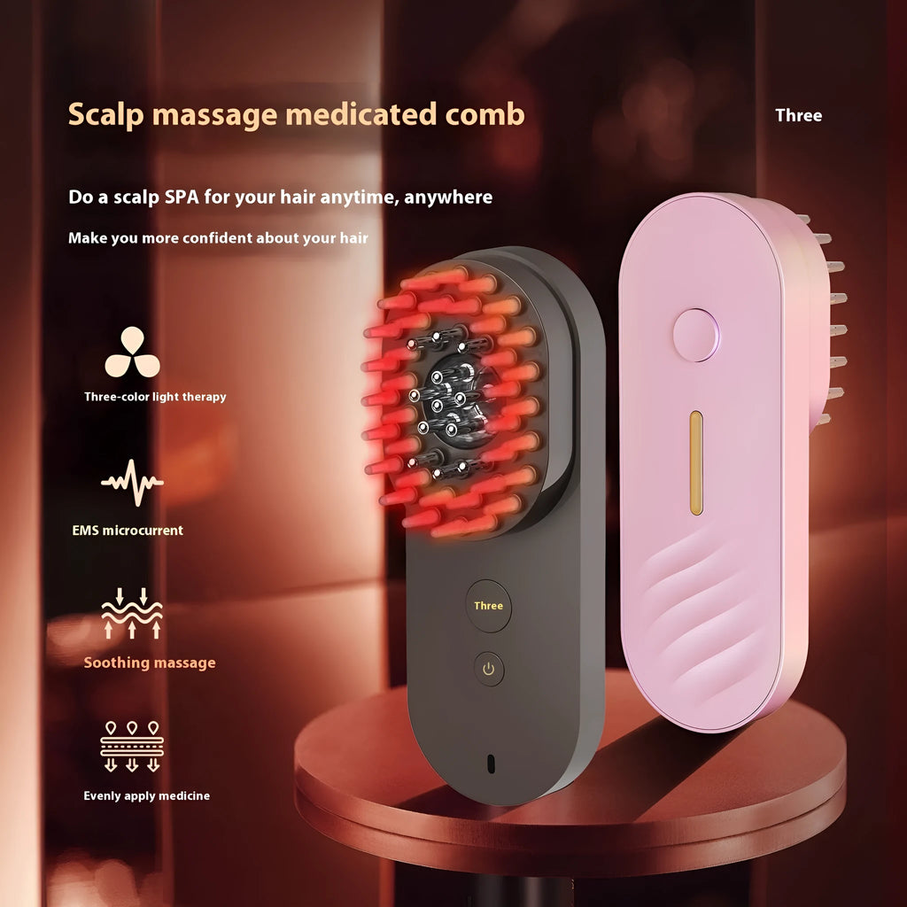 Compact pink smart massage comb with red light therapy for hair care