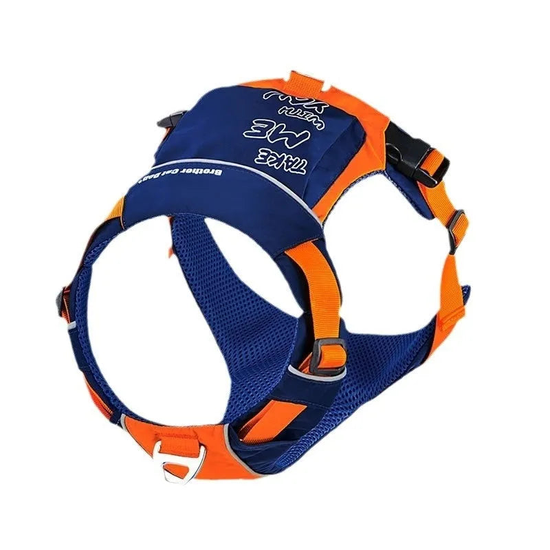 Orange-blue nylon dog chest strap vest style hand rope shown on size chart S M L XL.