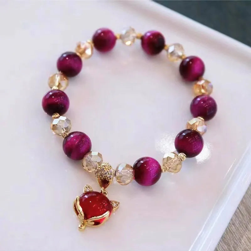 Handmade natural Vanves stone and Tigereye bead bracelet on single or double chain in green or rose red.