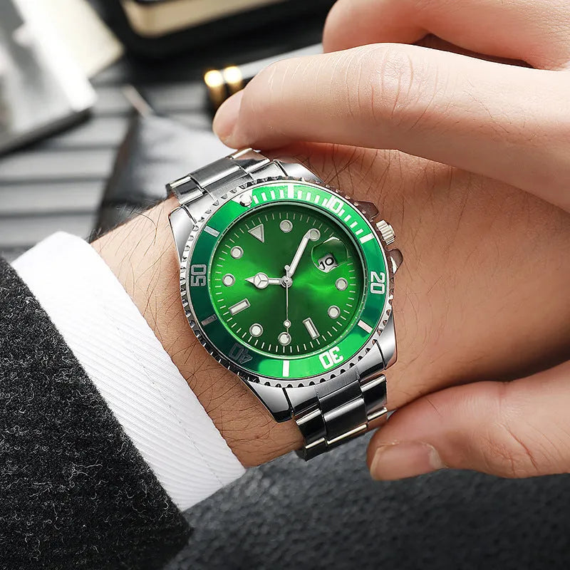 Men's luminous steel strap watch with 40mm dial and single calendar in black