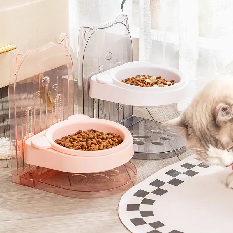 Adjustable height anti spill cat bowl with removable hanging cage in grey colour