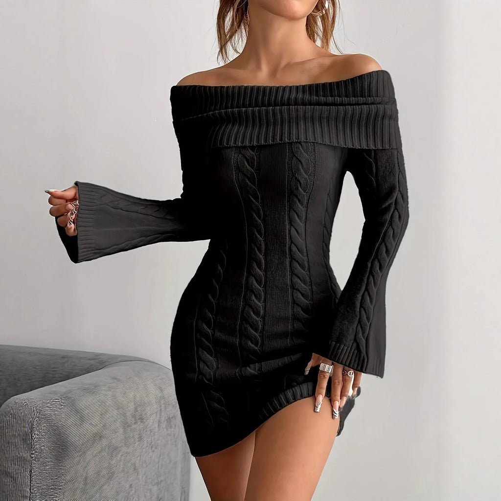 Women's polyester sweater dress with ribbed pencil skirt, boat neck, flared long sleeves, elastic waist, in khaki