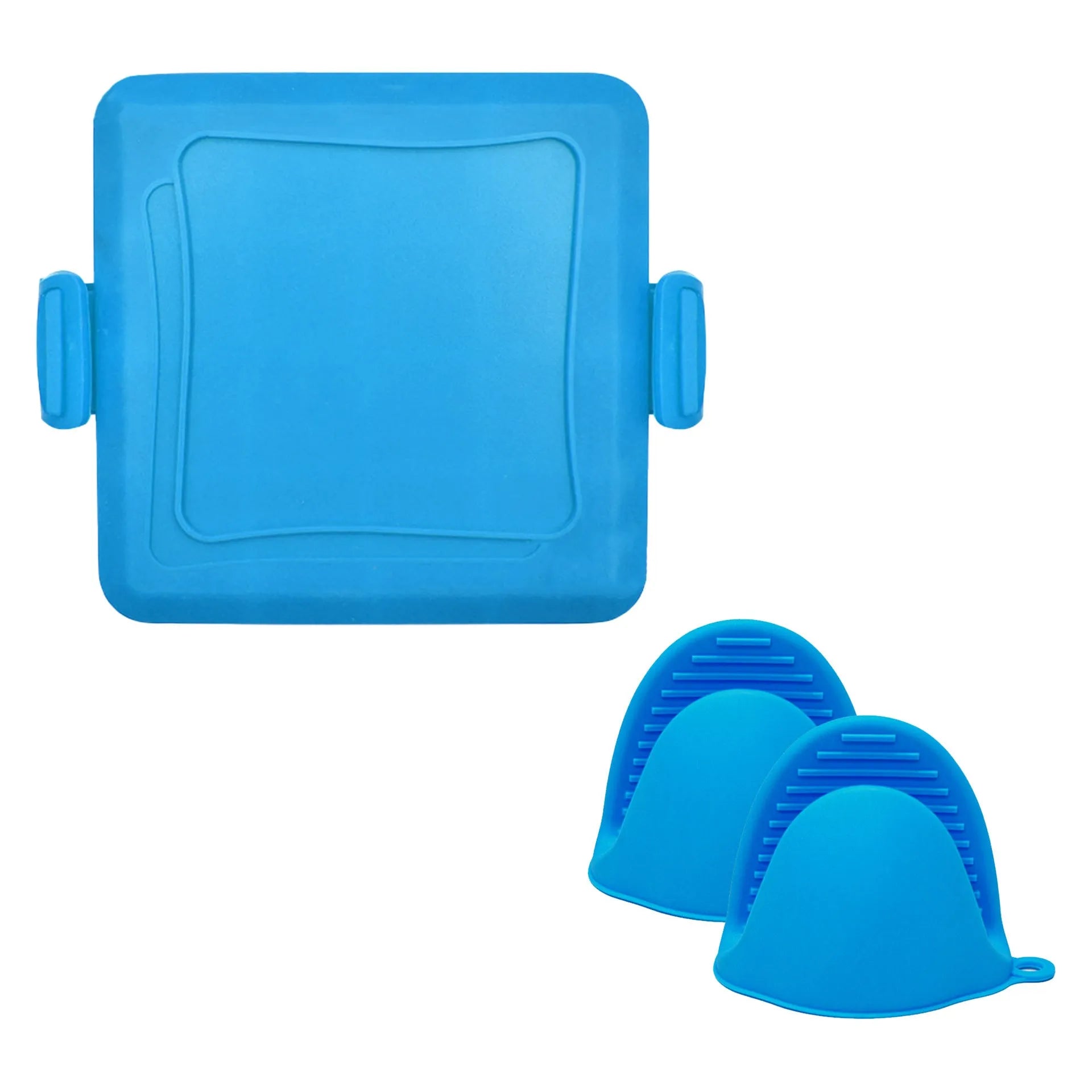 Red silicone baking tray and matching anti-scald gloves set in colour box packaging.