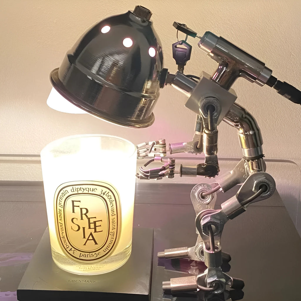 Creative robot-shaped study atmosphere light with custom graphic design in copper or silver finish