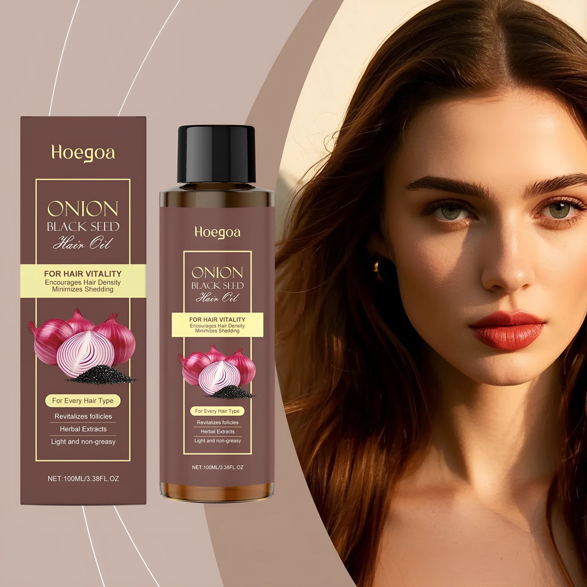 100ml bottle of nourishing hair care essential oil with accessories on a box