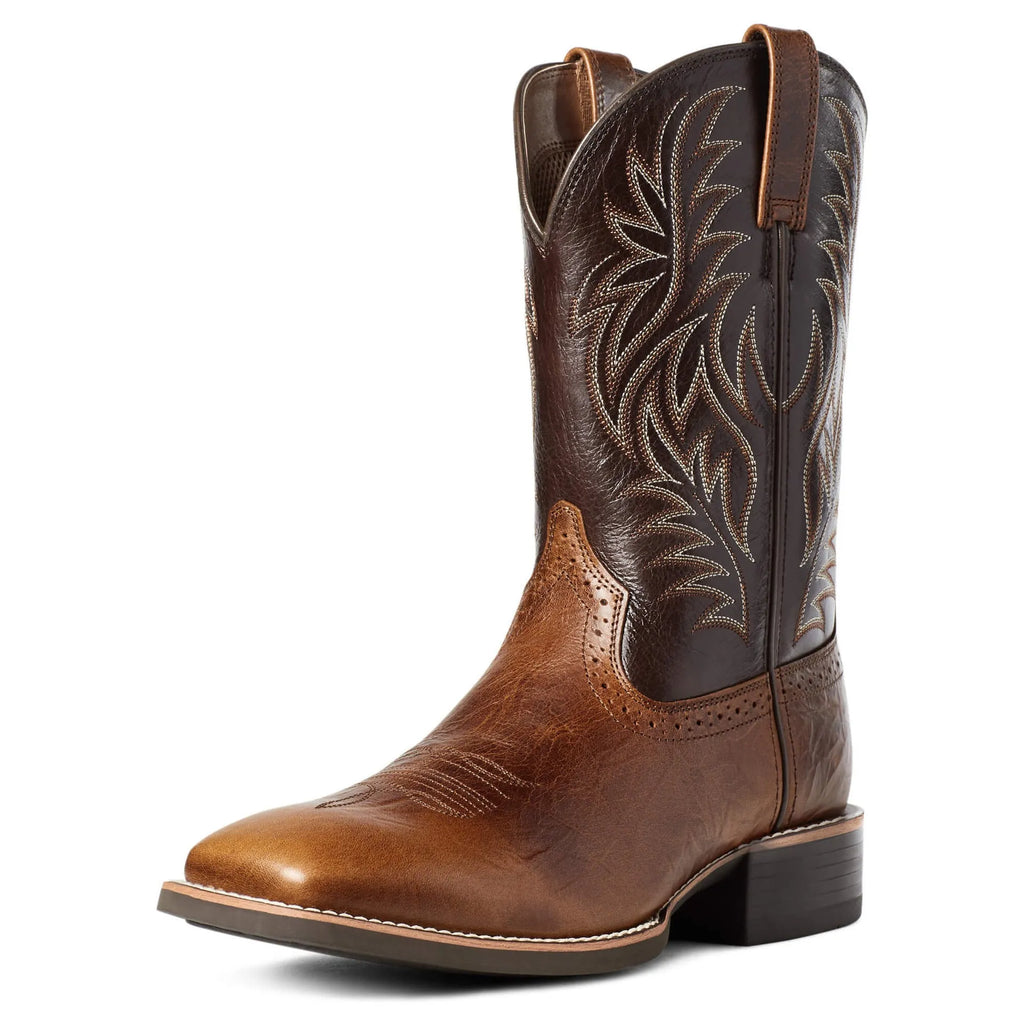 Men's black and brown western cowboy boots with detailed embroidery on a square toe and a high shaft.