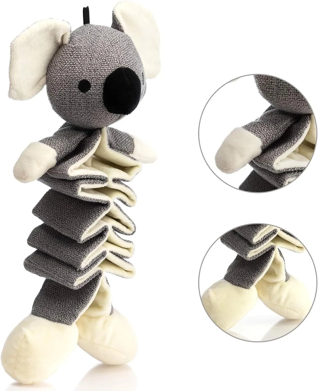 Grey koala plush dog toy measuring 30cm long with visible stitching and soft limbs.