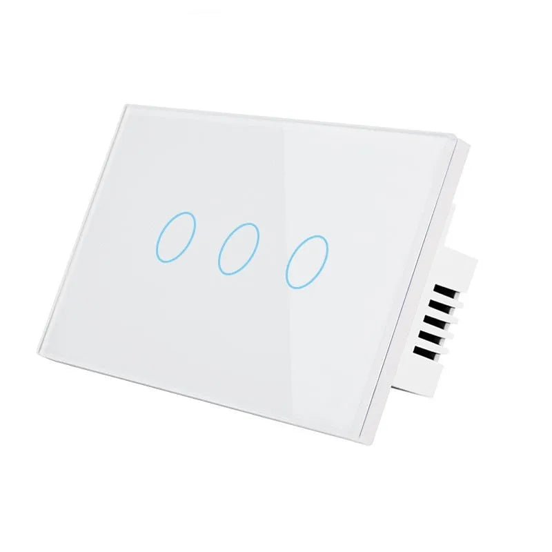 Modern 2-gang touch light switch with tempered glass panel in black, white, or gold.