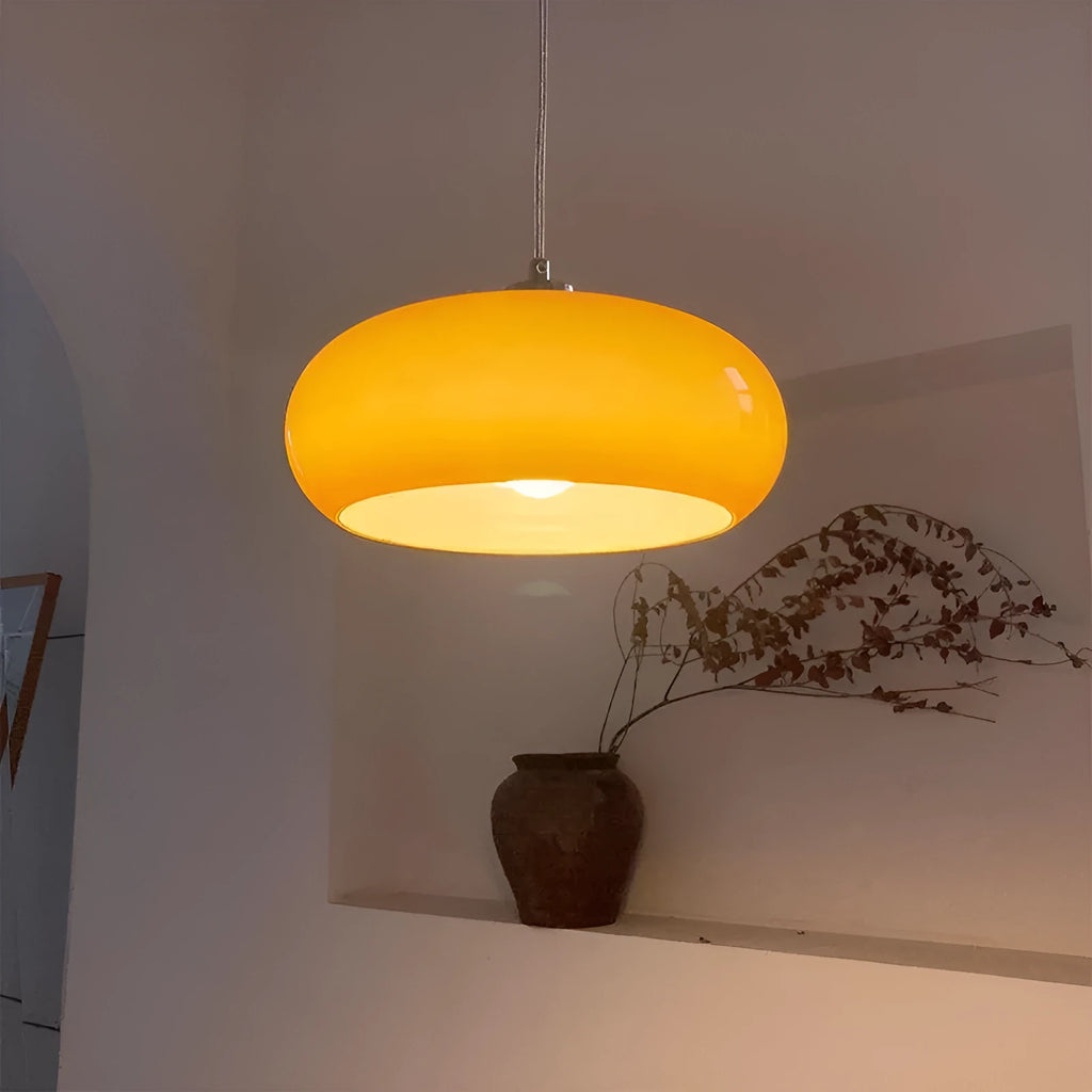 Bauhaus pendant light with three milk white egg tart shaped glass shades