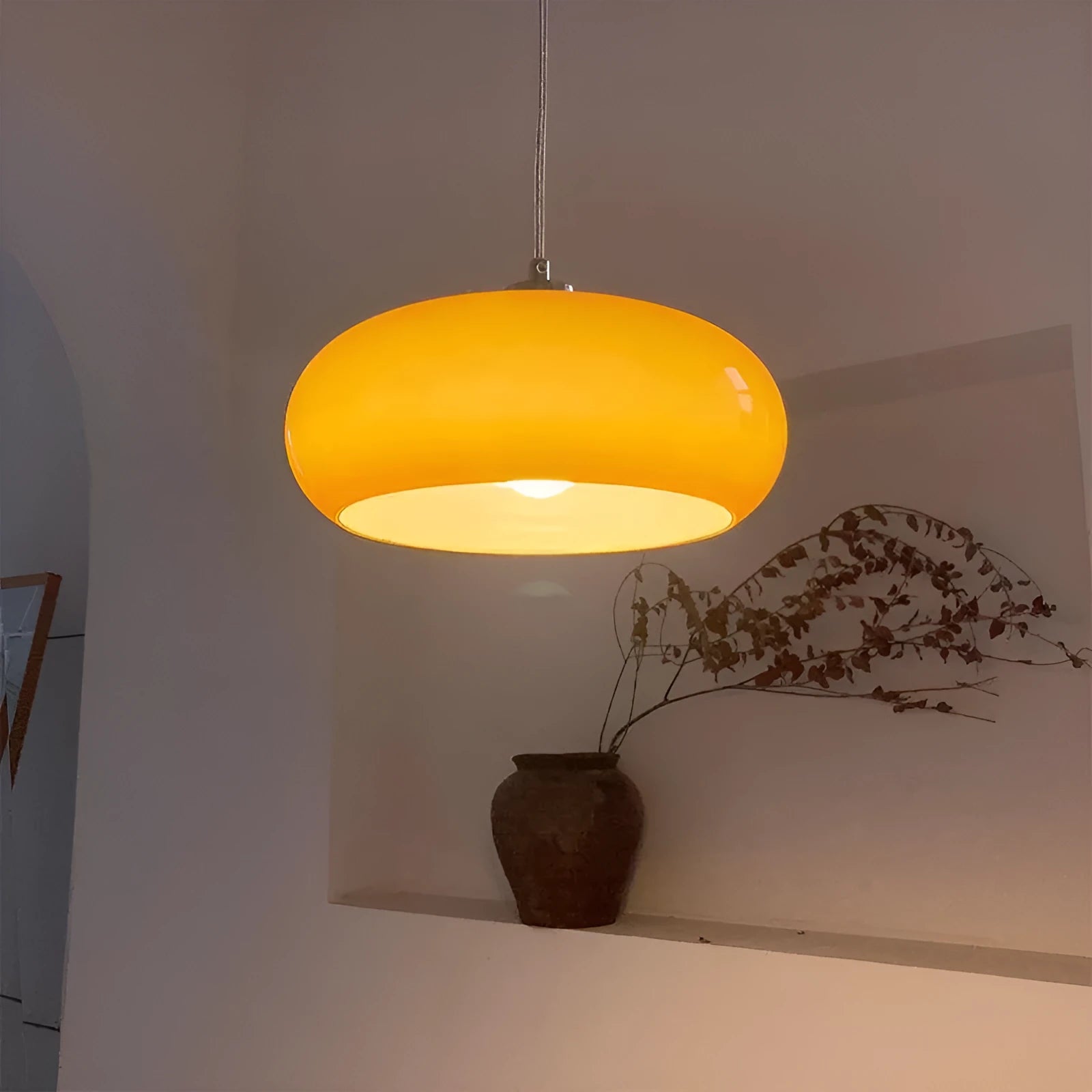 Bauhaus pendant light with three milk white egg tart shaped glass shades