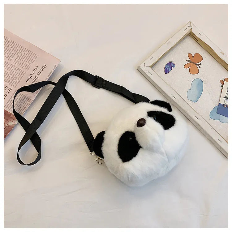 Panda Head print plush crossbody bag with cylindrical shape and sandwich pockets