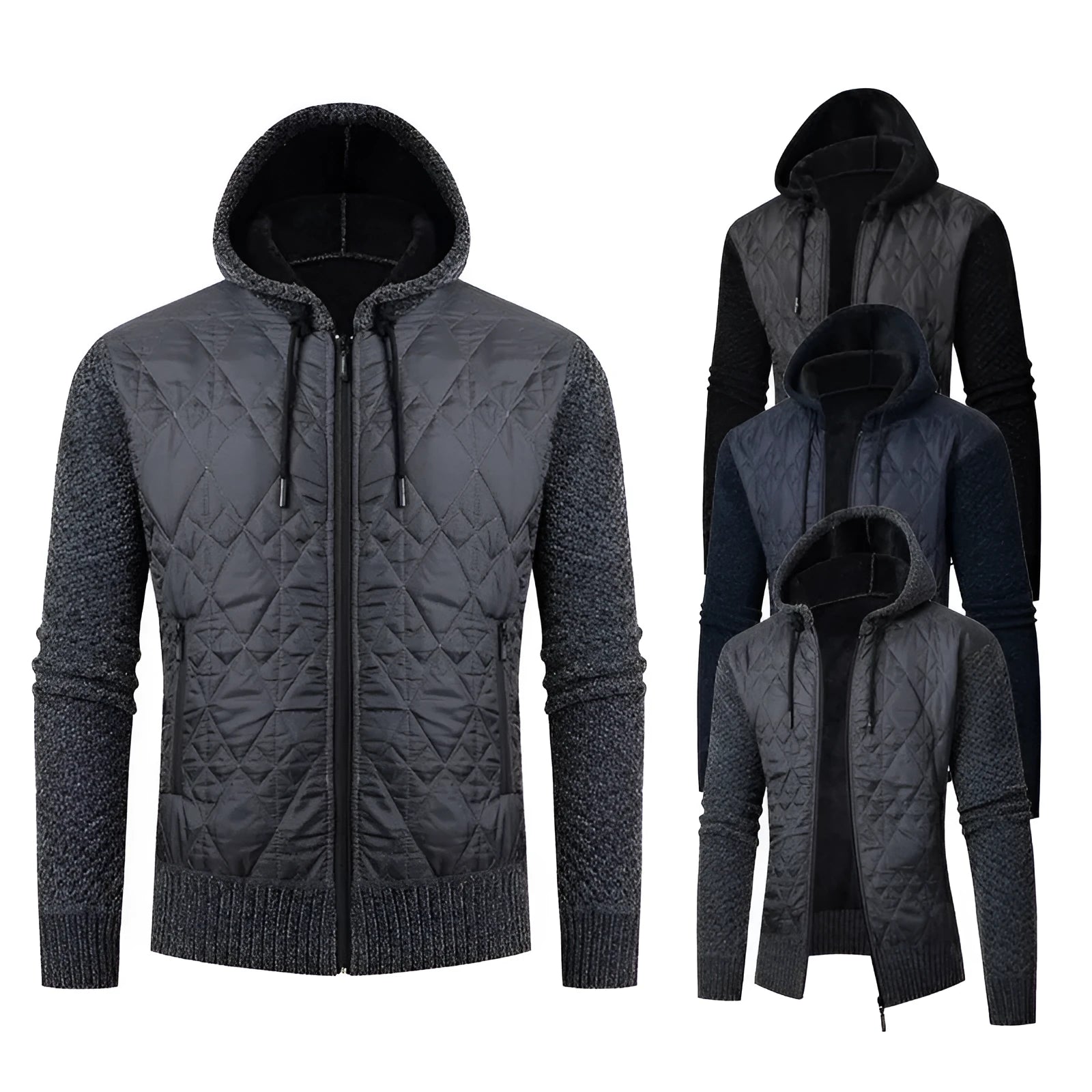 Man wearing a grey hooded zip-front cardigan made of textured wool corduroy with a cinched waist.