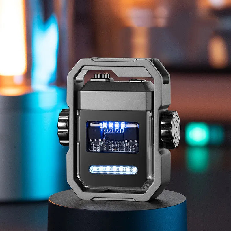 Blue Pulse double arc windproof electric lighter with mechanical gyroscope and USB Type-C charging port.