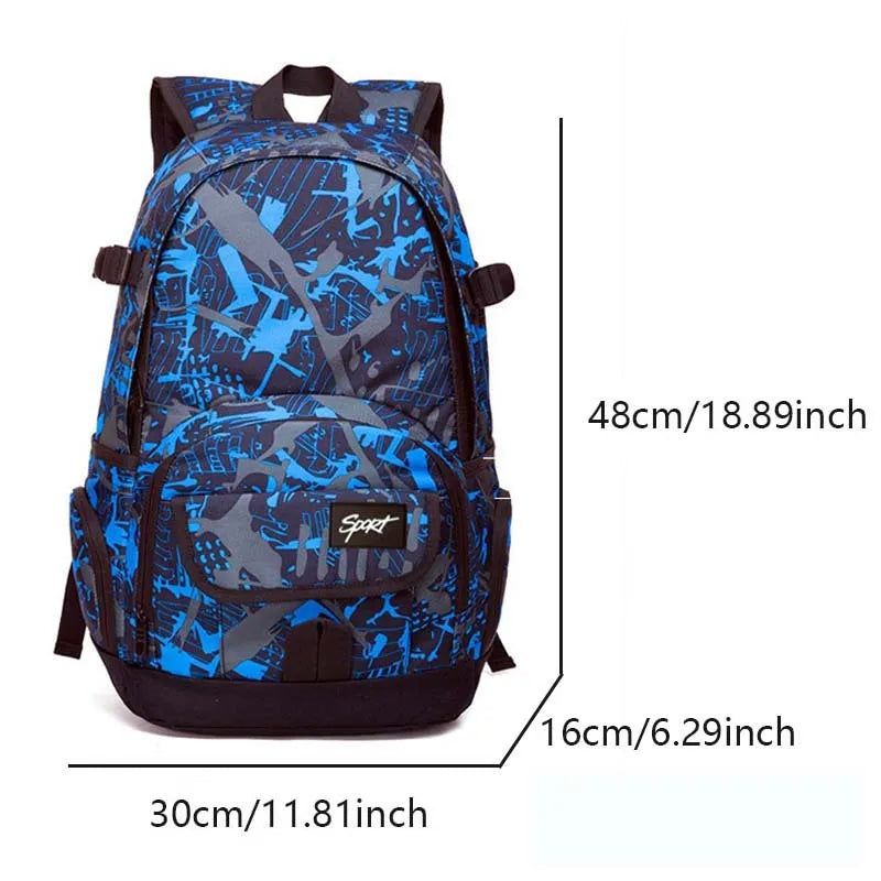 Classic large blue nylon backpack with multiple compartments shown from the front.