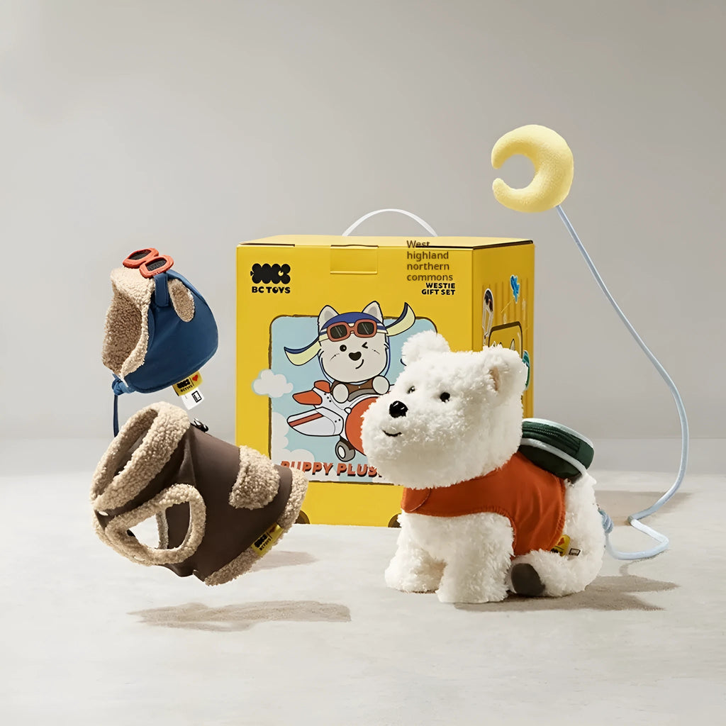 Babycare West Highland plush dog gift box set with two clothes on display