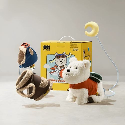 Babycare West Highland plush dog gift box set with two clothes on display