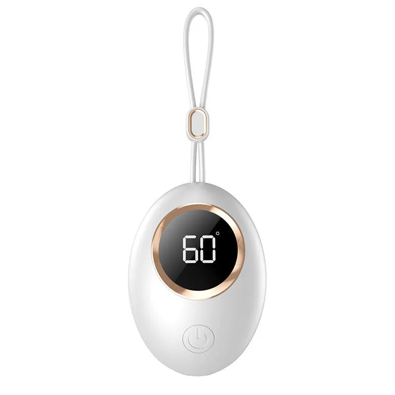 USB hand warmer with digital display showing temperature, aluminium heat dissipation, available in six colours
