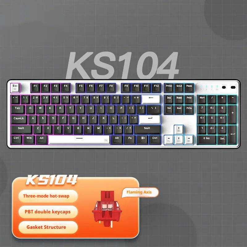 Three-mode mechanical gaming keyboard with RGB lighting in black and white colour scheme