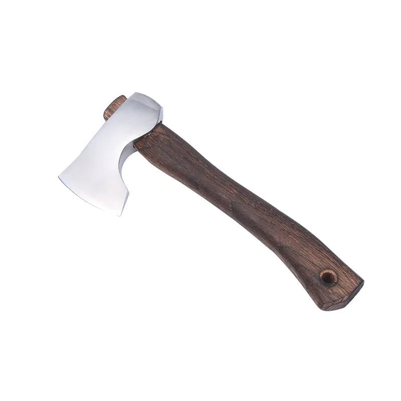Camping axe with wooden handle and high carbon steel head.